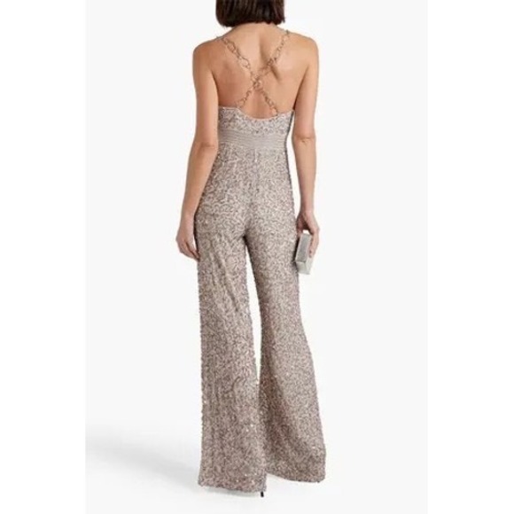 Alice + Olivia NEW Chain Trimmed Embellished Crepe Jumpsuit in Stone 4 MSRP $995 - Picture 3 of 11